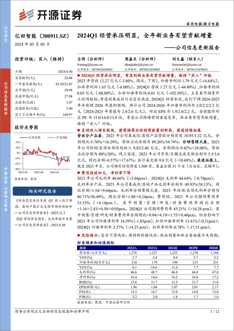 《亿田智能(300911)公司信息更新报告：2024Q1经营承压明显，全年新业务有望贡献增量-240505-开源证券-12页》 - 第1页预览图