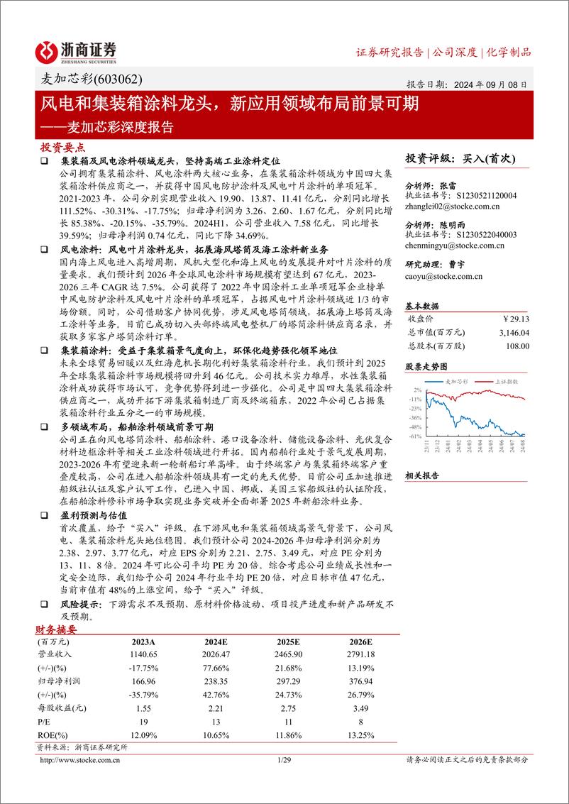 《麦加芯彩(603062)深度报告：风电和集装箱涂料龙头，新应用领域布局前景可期-240908-浙商证券-29页》 - 第1页预览图