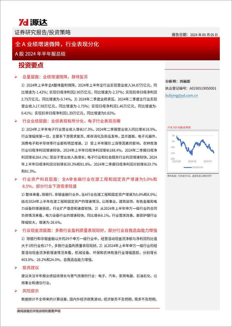 《A股2024年半年报总结：全A业绩增速微降，行业表现分化-240905-源达信息-11页》 - 第1页预览图