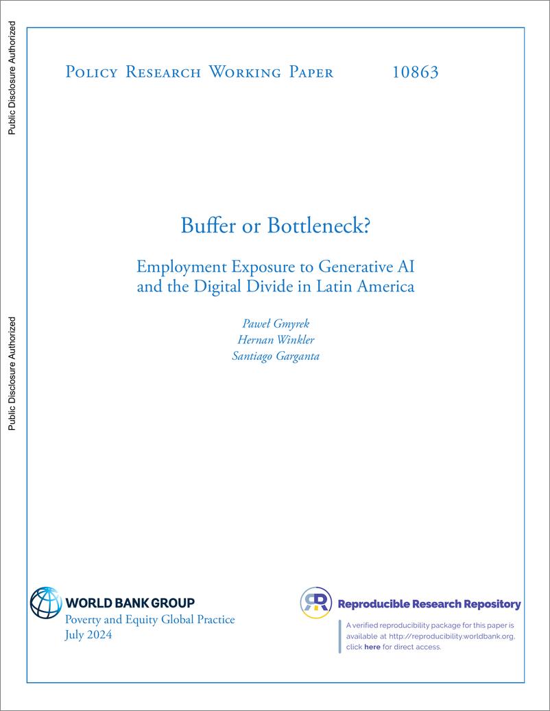 《世界银行-缓冲区还是瓶颈？拉丁美洲的生成性人工智能和数字鸿沟的就业风险（英）-2024.7-45页》 - 第1页预览图
