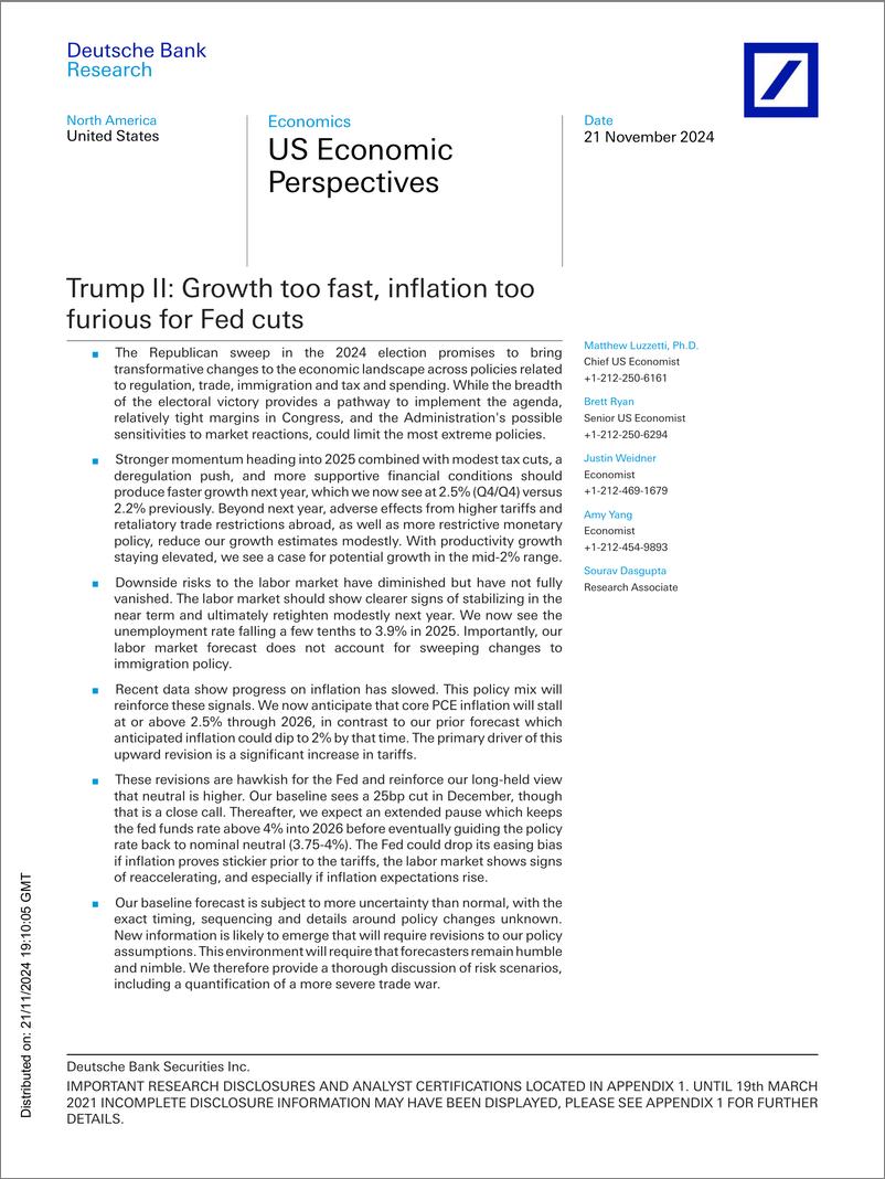 《Deutsche Bank-US Economic Perspectives Trump II Growth too fast, inflati...-111735476》 - 第1页预览图