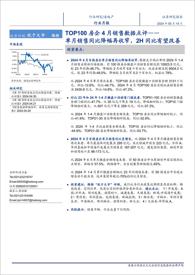 《房地产行业TOP100房企2024年4月销售数据点评：单月销售同比降幅再收窄，2H同比有望改善-240514-海通证券-40页》 - 第1页预览图