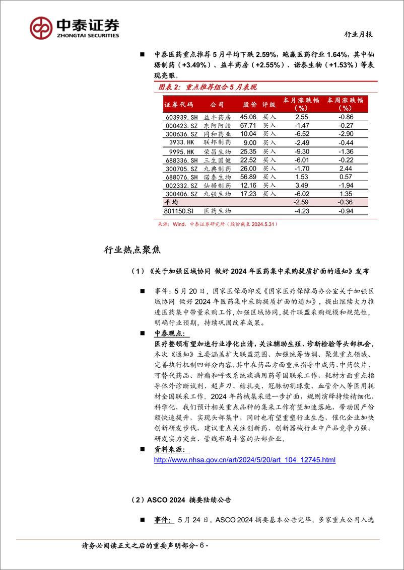 《医药生物行业6月月报：把握Q2业绩，持续看好创新／出海、国改／红利-240602-中泰证券-16页》 - 第6页预览图