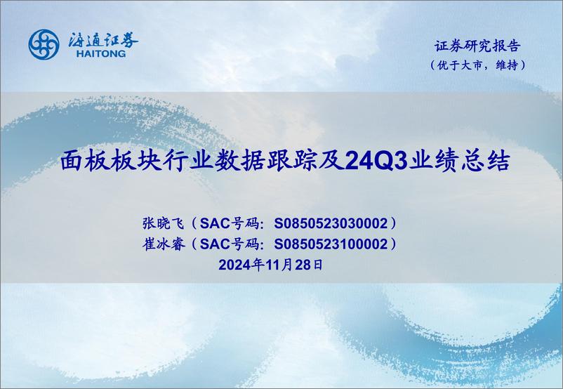 《面板板块行业数据跟踪及24Q3业绩总结-241128-海通证券-20页》 - 第1页预览图