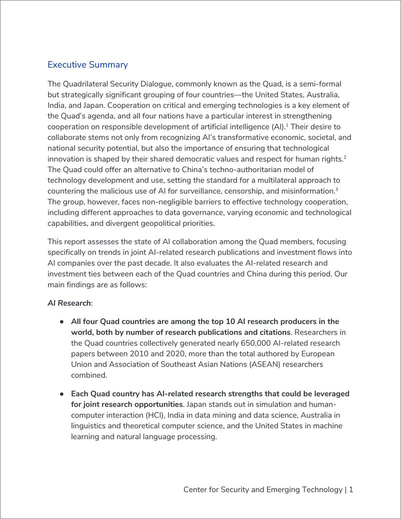《美国乔治城大学安全和新兴技术中心：四国人工智能：美国、澳大利亚、印度和日本之间与人工智能相关合作评估（英文）-57页》 - 第3页预览图