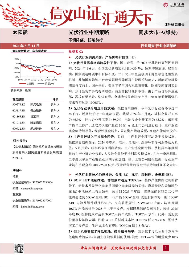 《光伏行业中期策略：不惧阵痛，低碳前行-240814-山西证券-33页》 - 第1页预览图