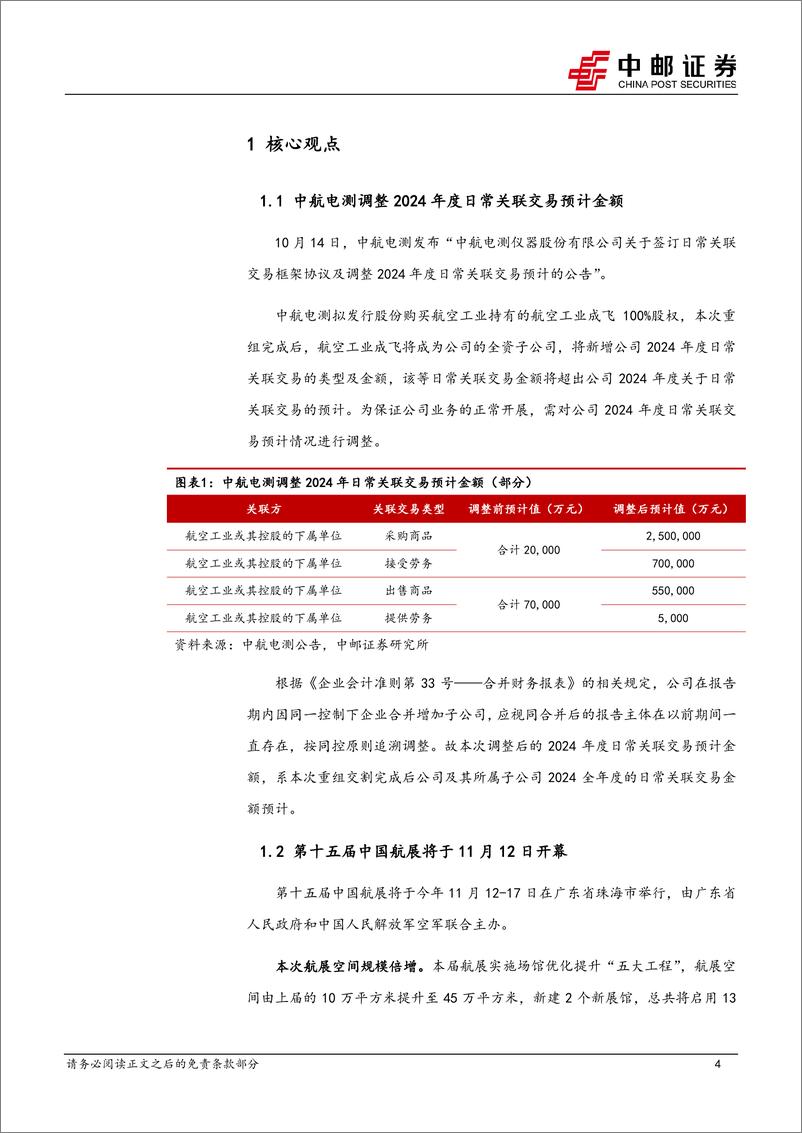 《国防军工行业报告：中航电测调整2024年度日常关联交易预计金额，第十五届中国航展将于11月12日开幕-241013-中邮证券-15页》 - 第4页预览图