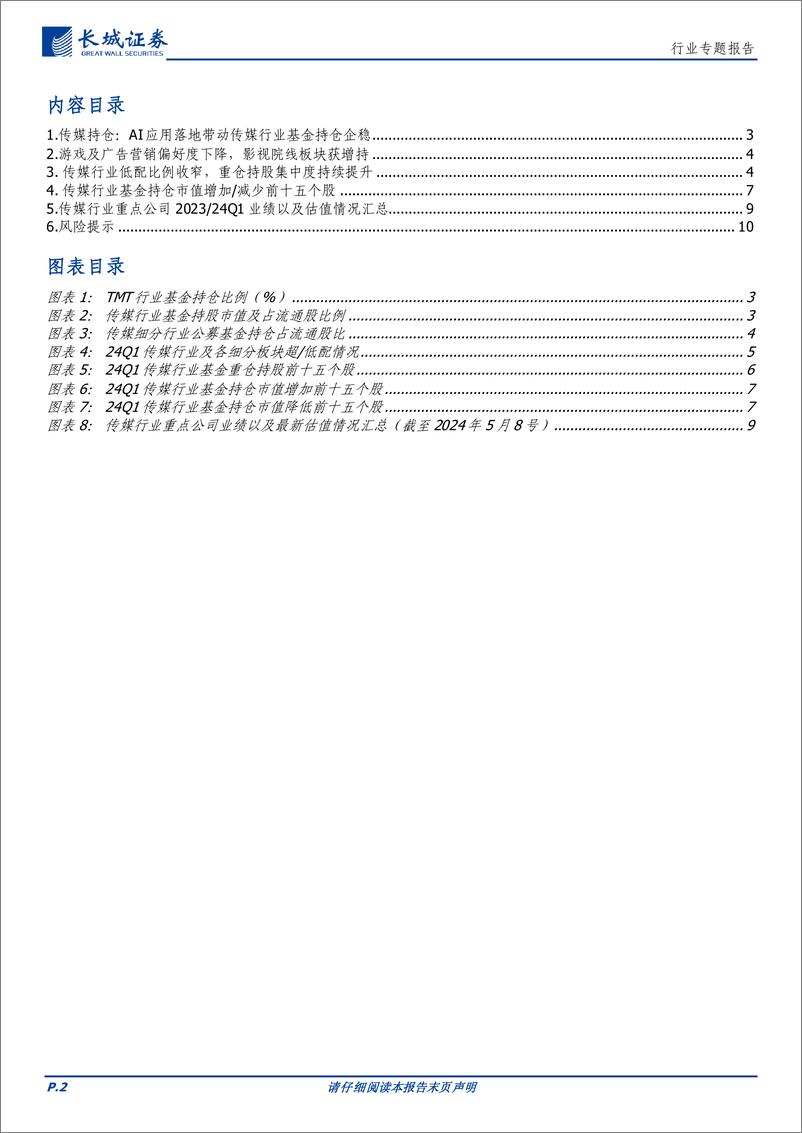 《传媒行业基金持仓24Q1季报：传媒行业配置企稳，细分板块偏好有所分化-240509-长城证券-11页》 - 第2页预览图