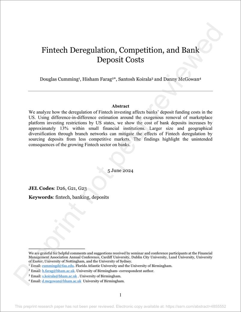 《University of Birmingham：金融科技去监管化、竞争与银行存款成本-48页》 - 第1页预览图