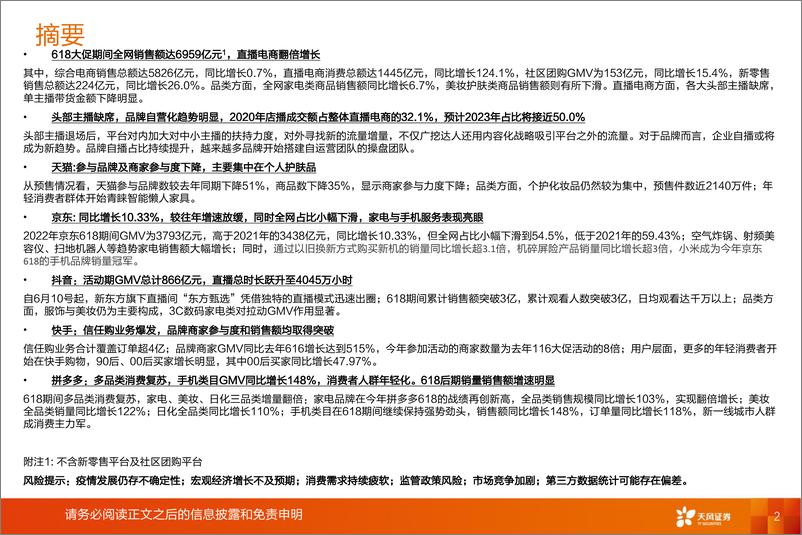 《电商行业：2022年618各电商平台表现总结，消费复苏带动销售额增长，直播电商表现亮眼店播趋势明显-20220628-天风证券-29页》 - 第3页预览图