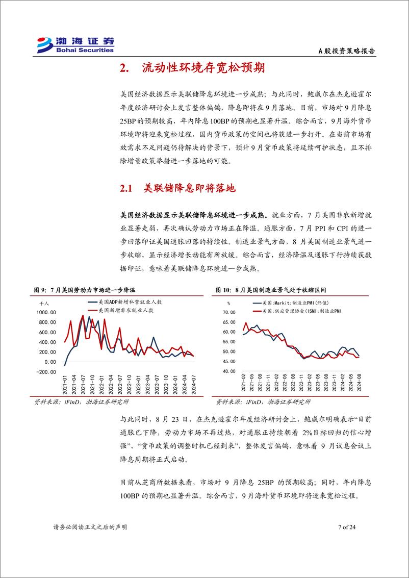 《-A股市场2024年9月投资策略报告：海外流动性将获改善，市场进入业绩真空期-240905-渤海证券-24页》 - 第7页预览图