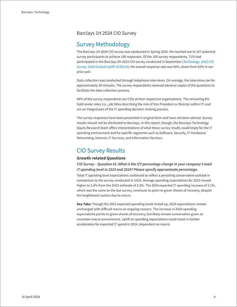 《Barclays-Technology 1H24 CIO Survey 2024 Outlook Sustained》 - 第4页预览图