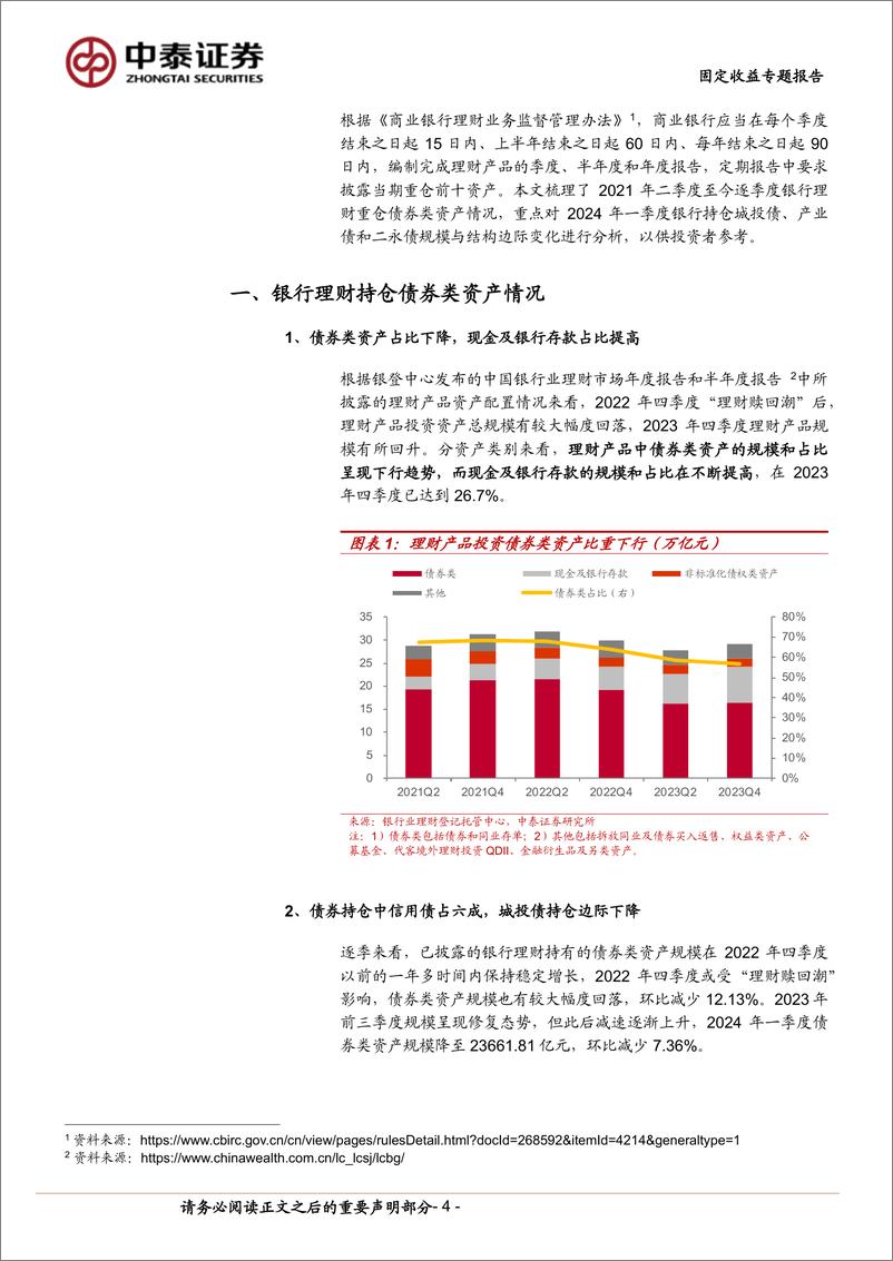 《银行理财Q1信用债持仓分析：信用下沉？还是拉长久期？-240527-中泰证券-20页》 - 第4页预览图