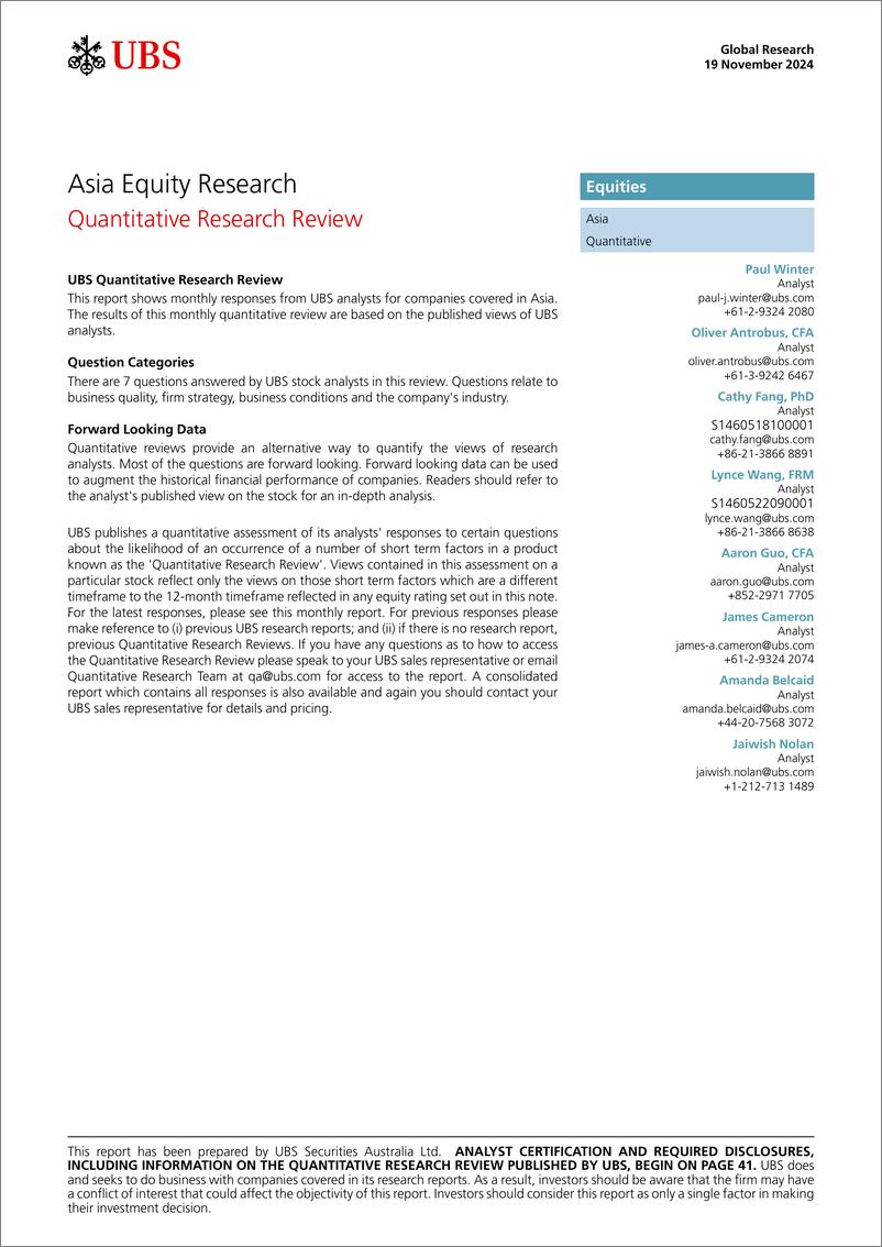 《UBS Equities-Asia Equity Research _Quantitative Research Review_ Winter-111668493》 - 第1页预览图