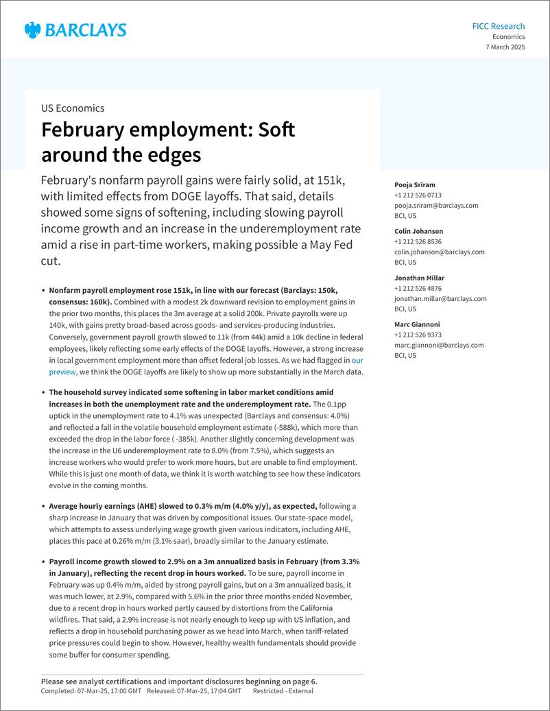 《Barclays_US_Economics_February_employment_Soft_around_the_edges》 - 第1页预览图