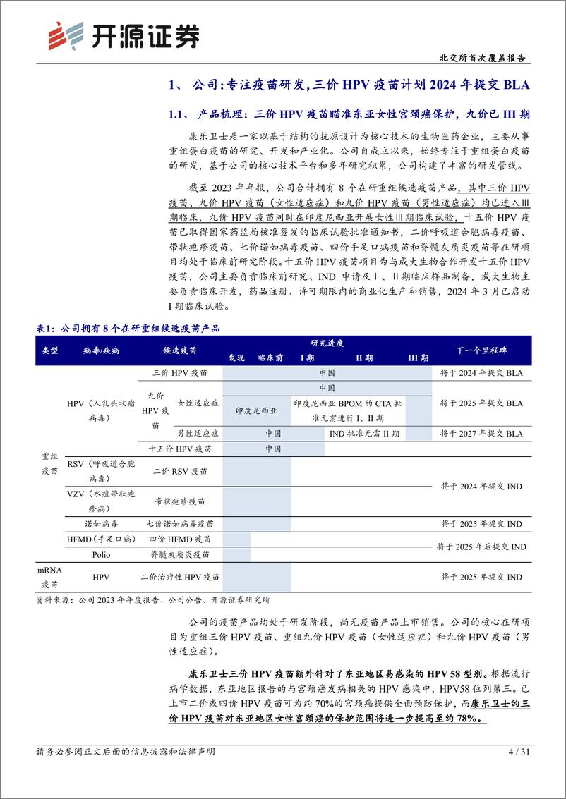 《康乐卫士(833575)北交所首次覆盖报告：三价HPV疫苗提交BLA在即，九价商业化潜力广阔-241204-开源证券-31页》 - 第4页预览图