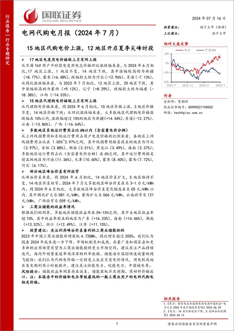 《电网代购电行业月报(2024年7月)：15地区代购电价上涨，12地区开启夏季尖峰时段-240716-国联证券-43页》 - 第1页预览图