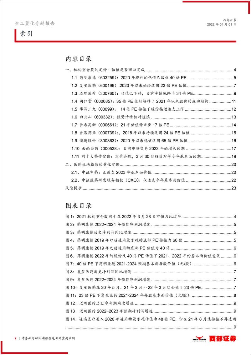 《量化投资策略：医药重仓个股及板块的量化定价与配置分析-20220401-西部证券-24页》 - 第3页预览图