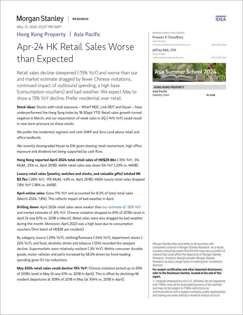 《Morgan Stanley-Hong Kong Property Apr-24 HK Retail Sales Worse than Expect...-108469053》 - 第1页预览图