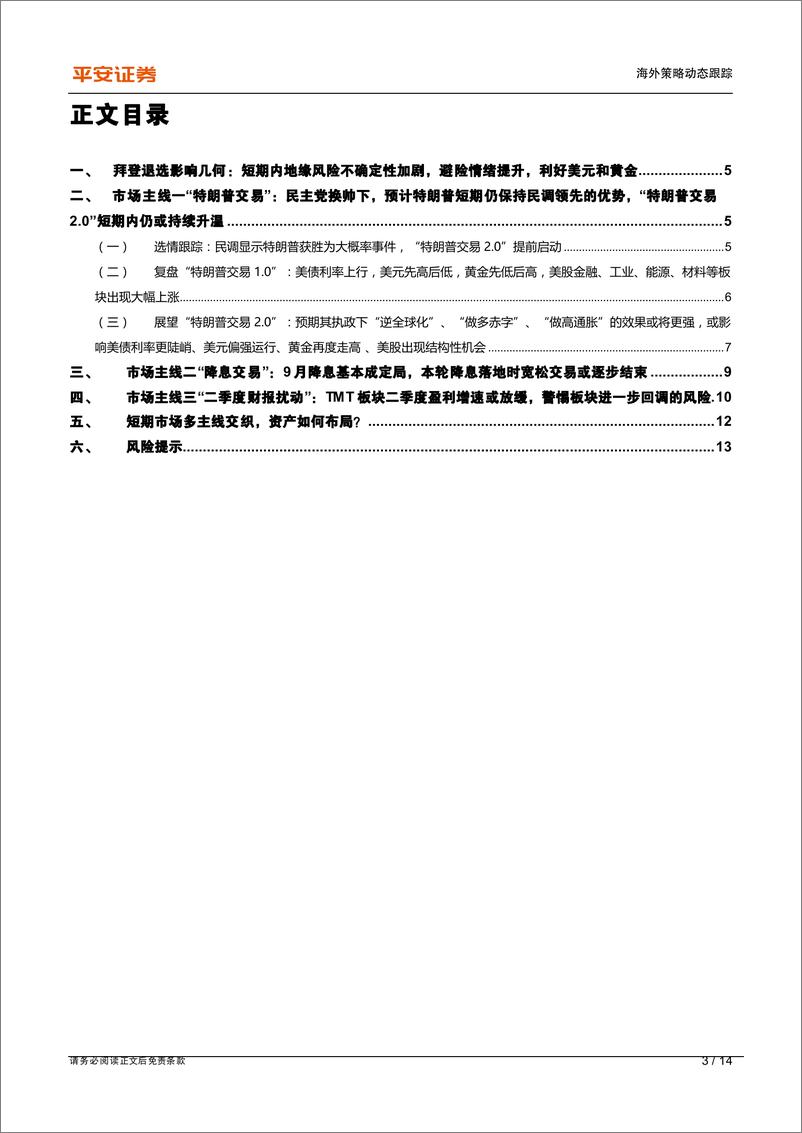 《海外市场快评(一)：关注“特朗普交易%2b降息交易%2b财报扰动”主导下的资产快速轮动-240722-平安证券-14页》 - 第3页预览图