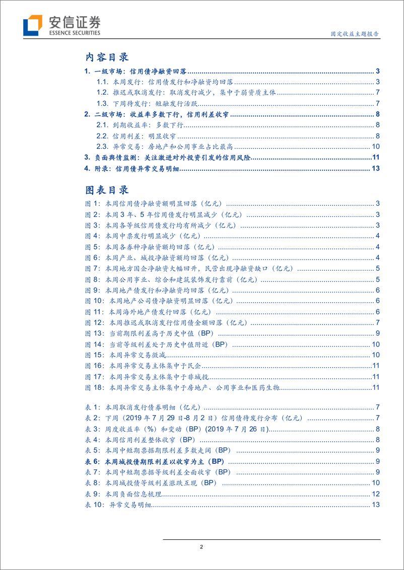 《固定收益主题报告：地产债境内外发行同步回落，信用债收益率多数下行-20190727-安信证券-15页》 - 第3页预览图