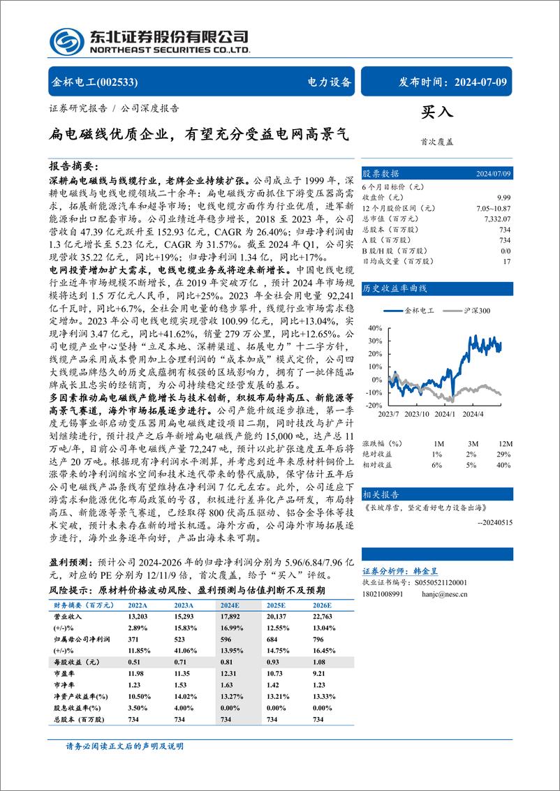 《金杯电工(002533)扁电磁线优质企业，有望充分受益电网高景气-240709-东北证券-31页》 - 第1页预览图