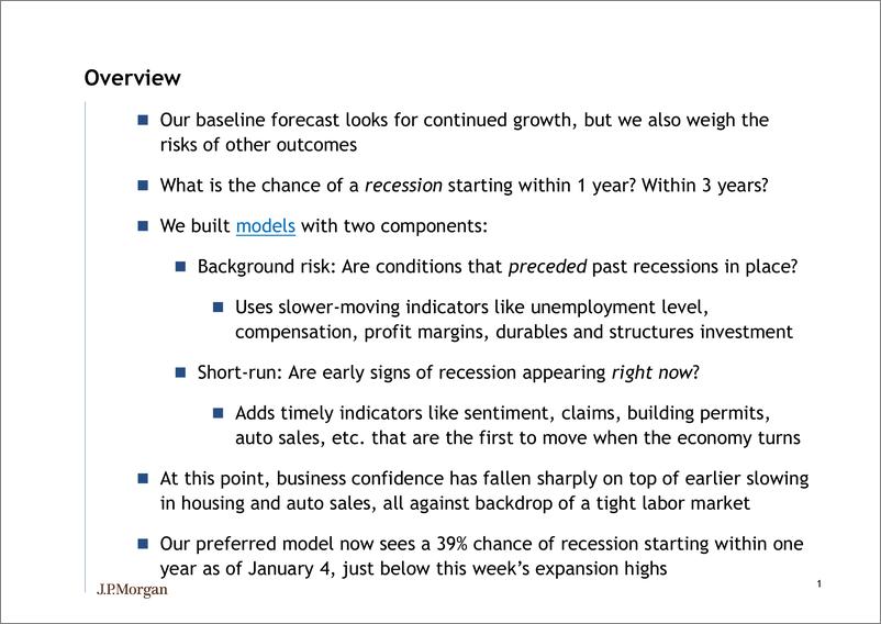 《J.P. 摩根-全球-投资策略-衰退风险模型更新：风险达到新的扩张高点-2019.1-21页》 - 第3页预览图