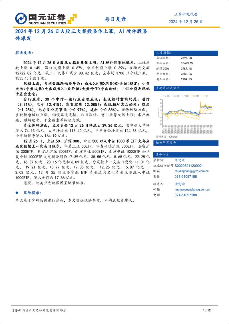 《2024年12月26日A股三大指数集体上涨，AI硬件股集体爆发-241226-国元证券-12页》 - 第1页预览图