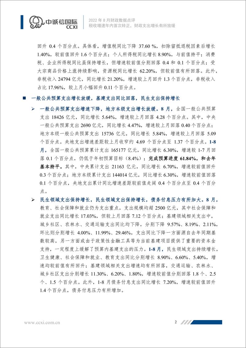 《中诚信-2022年8月财政数据点评-税收增速年内首次转正，财政支出增长有所放缓-9页》 - 第2页预览图