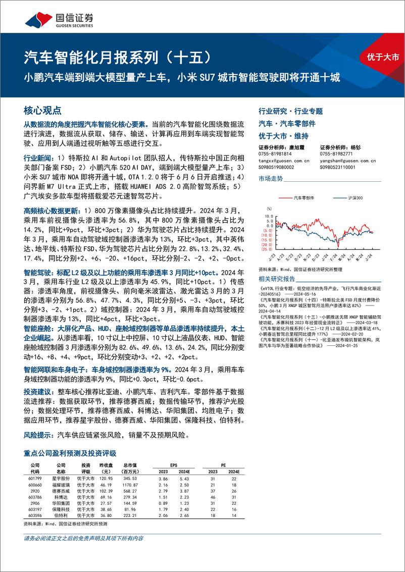 《汽车智能化月报系列(十五)：小鹏汽车端到端大模型量产上车，小米SU7城市智能驾驶即将开通十城-240604-国信证券-72页》 - 第1页预览图