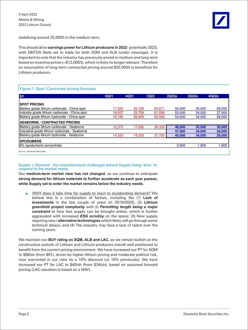 《德银-美股金属及矿业-第二季度重点：引入合约价格预测；供应执行及时间安排-2022.4.4-31页》 - 第3页预览图