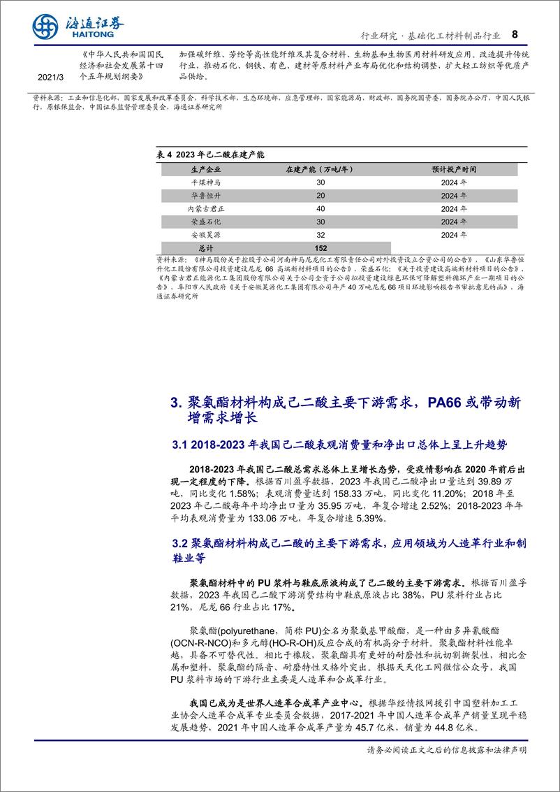 《基础化工材料制品行业深度报告：国内供需紧平衡，尼龙66带动己二酸需求增长-240326-海通证券-18页》 - 第8页预览图