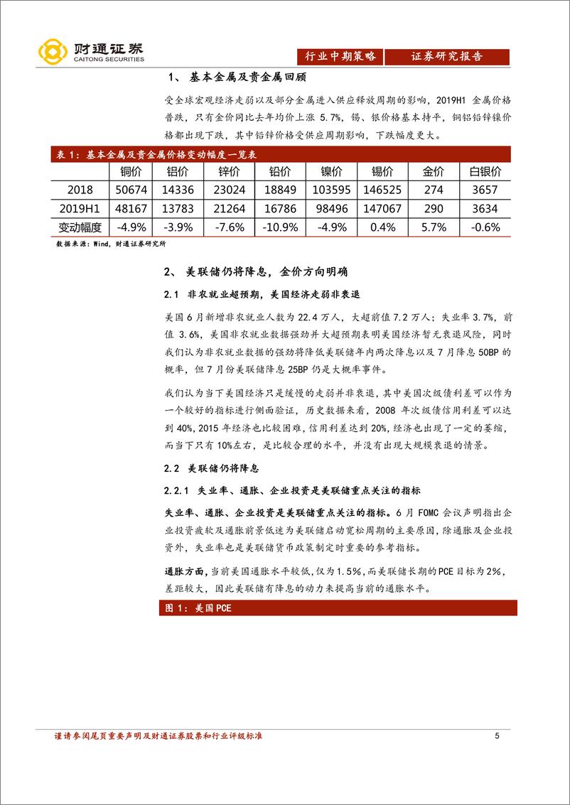 《有色行业2019中期策略：美联储仍将降息，金价方向明确，铜铝存阶段性机会-20190708-财通证券-29页》 - 第6页预览图