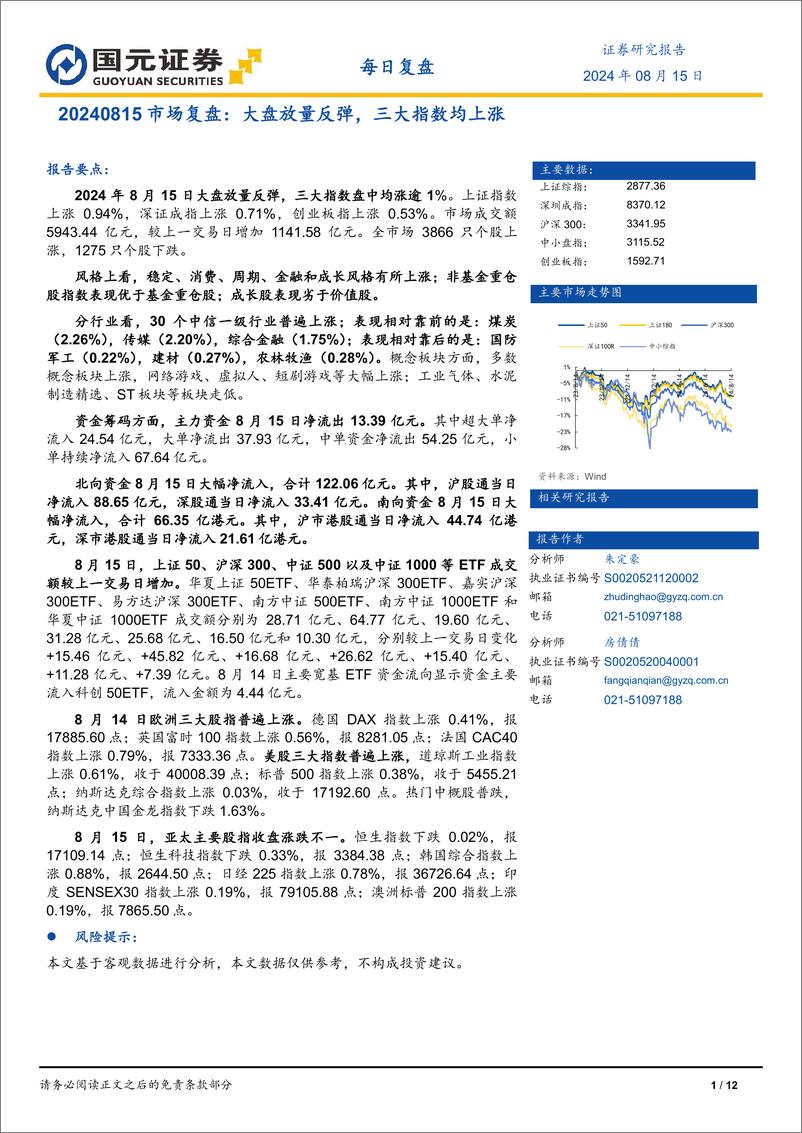 《市场复盘：大盘放量反弹，三大指数均上涨-240815-国元证券-12页》 - 第1页预览图