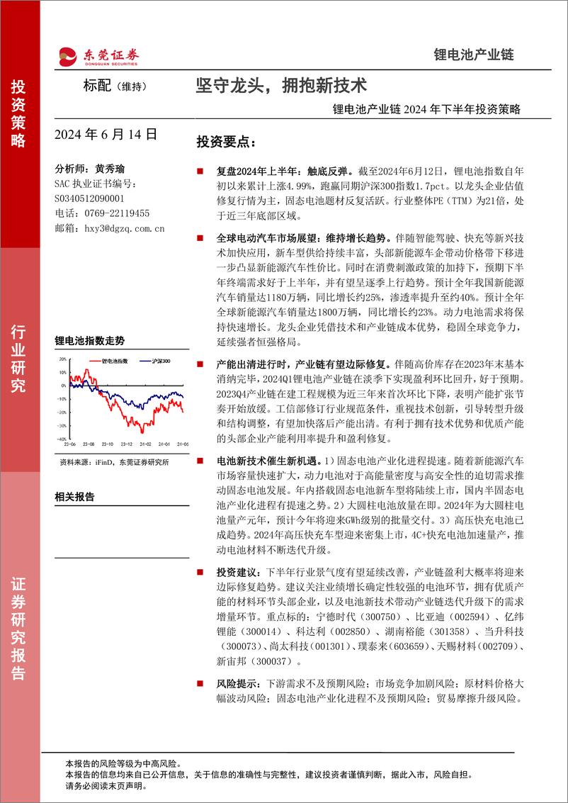 《锂电池产业链2024年下半年投资策略：坚守龙头，拥抱新技术-240614-东莞证券-27页》 - 第1页预览图