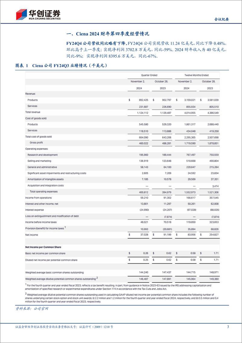 《通信行业CienaFY24Q4业绩点评及业绩说明会纪要：在手订单饱满，预计2025年收入恢复增长-250106-华创证券-14页》 - 第3页预览图