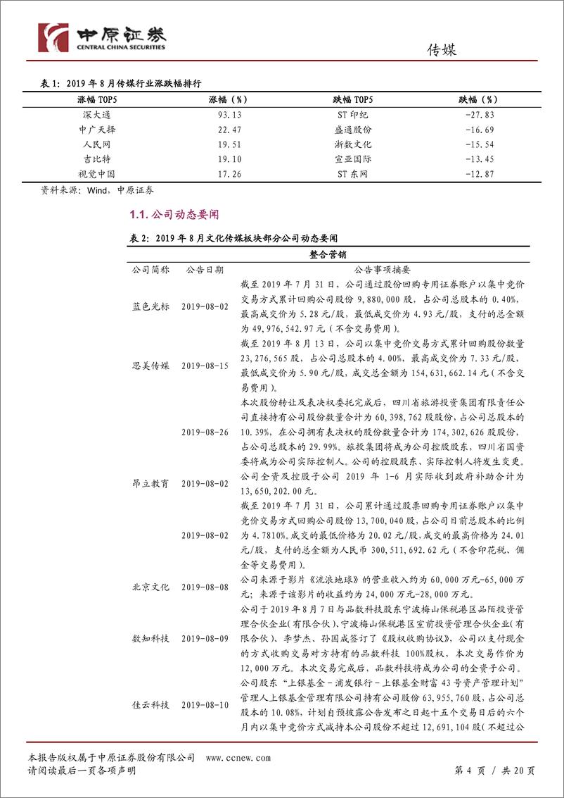 《文化传媒行业月报：中报发布完毕，持续关注各版块细分龙头-20190903-中原证券-20页》 - 第5页预览图