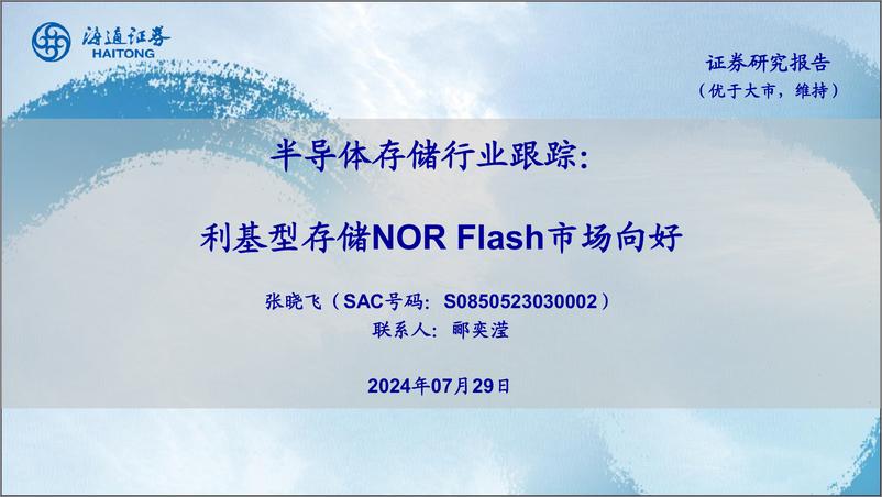 《半导体存储行业跟踪：利基型存储NOR Flash市场向好-240729-海通证券-20页》 - 第1页预览图