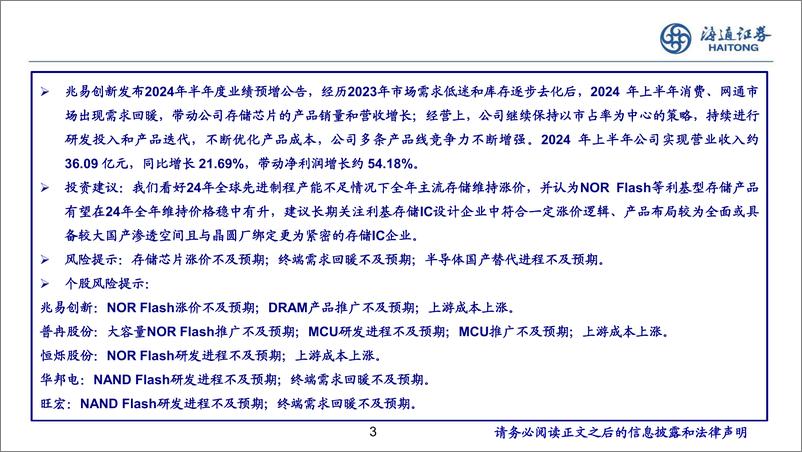 《半导体存储行业跟踪：利基型存储NOR Flash市场向好-240729-海通证券-20页》 - 第3页预览图