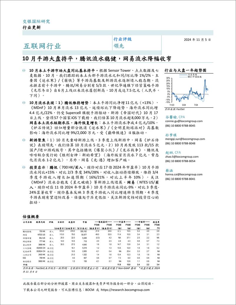 《互联网行业：10月手游大盘持平，腾讯流水稳健，网易流水降幅收窄-241105-交银国际-12页》 - 第1页预览图