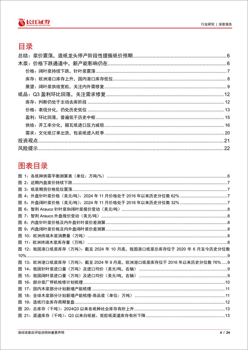 《纸与林木产品行业造纸月月观(拾)：浆价震荡，造纸龙头停产阶段性提振纸价预期-241124-长江证券-24页》 - 第4页预览图