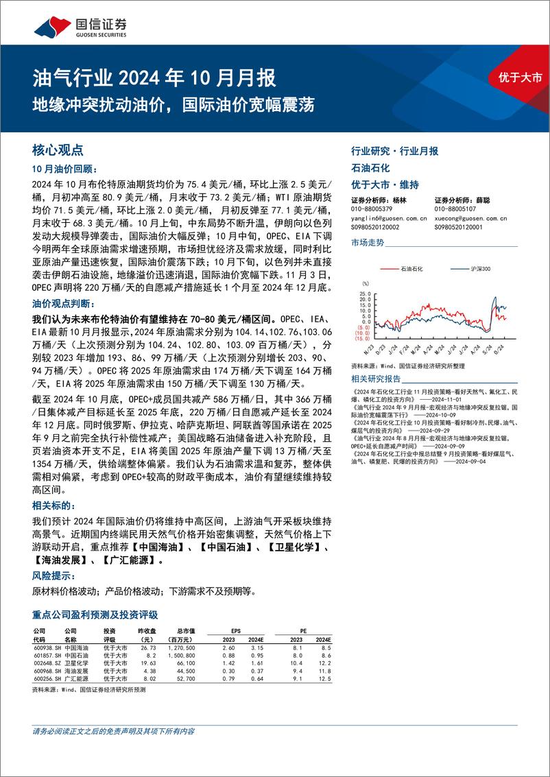 《油气行业2024年10月月报：地缘冲突扰动油价，国际油价宽幅震荡-241105-国信证券-26页》 - 第1页预览图