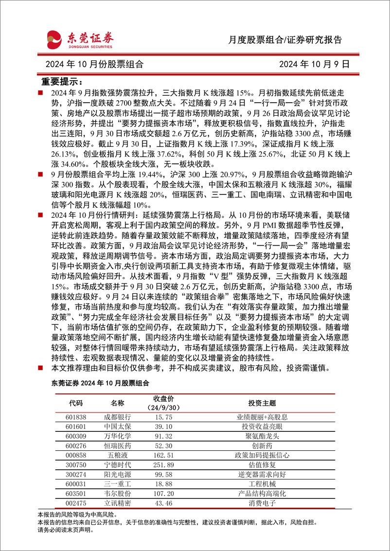 《2024年10月份股票组合-241009-东莞证券-16页》 - 第1页预览图