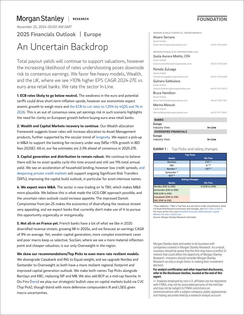 《Morgan Stanley-2025 Financials Outlook An Uncertain Backdrop-111785332》 - 第1页预览图