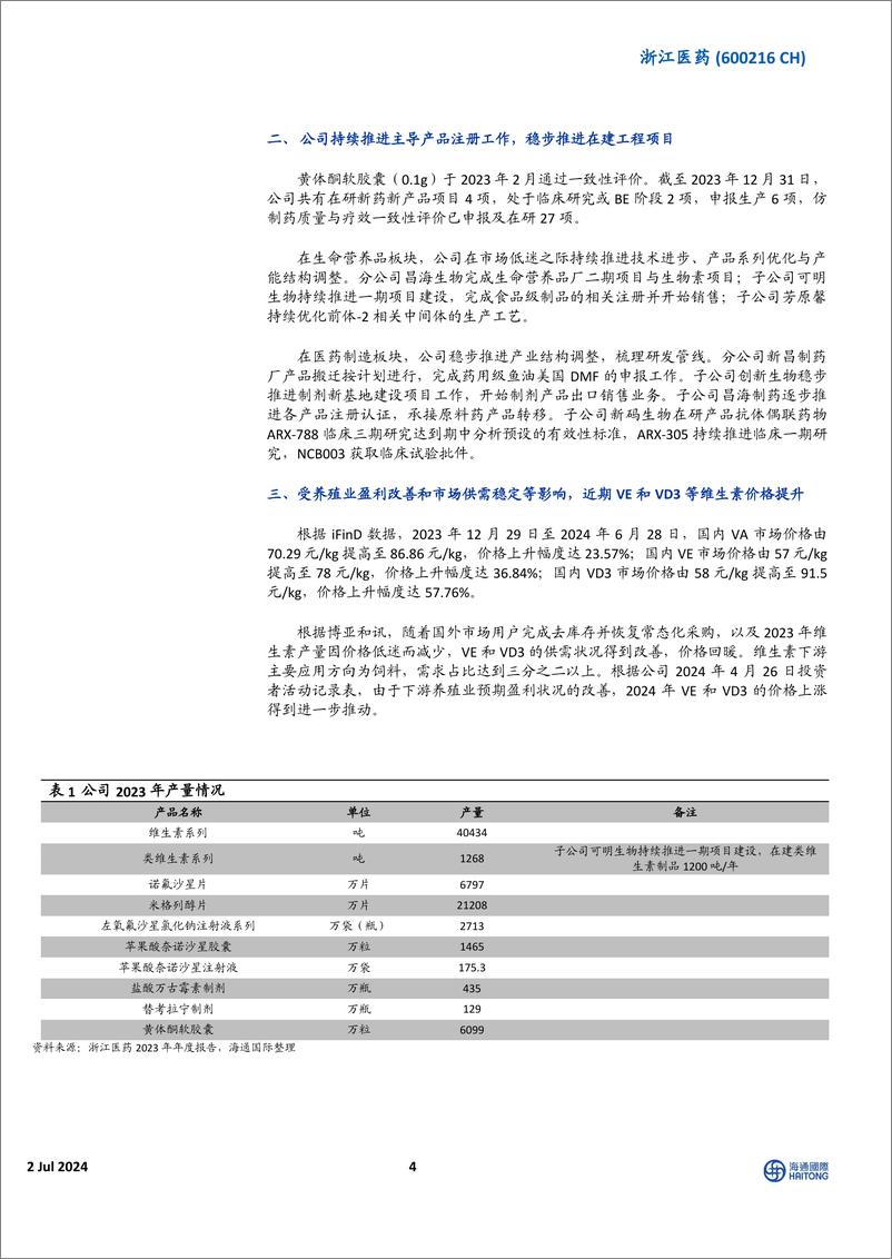 《浙江医药(600216)VE、VD3价格上涨带动公司盈利能力提升，医药业务稳健-240702-海通国际-13页》 - 第4页预览图