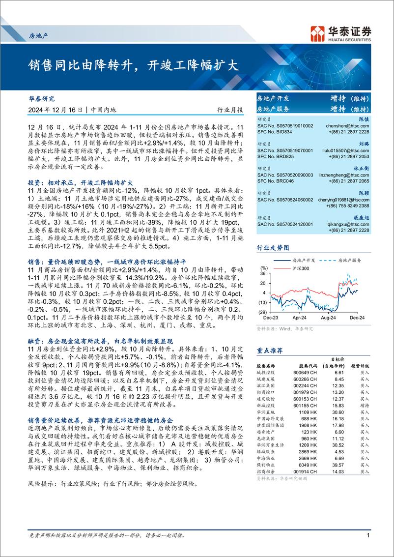 《房地产行业月报：销售同比由降转升，开竣工降幅扩大-241216-华泰证券-19页》 - 第1页预览图