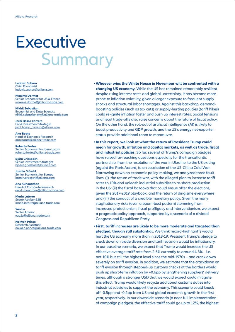 《Allianz安联：2024特朗普经济学：续集-特朗普第二任总统对贸易、财政和货币政策的影响（英文版）》 - 第2页预览图