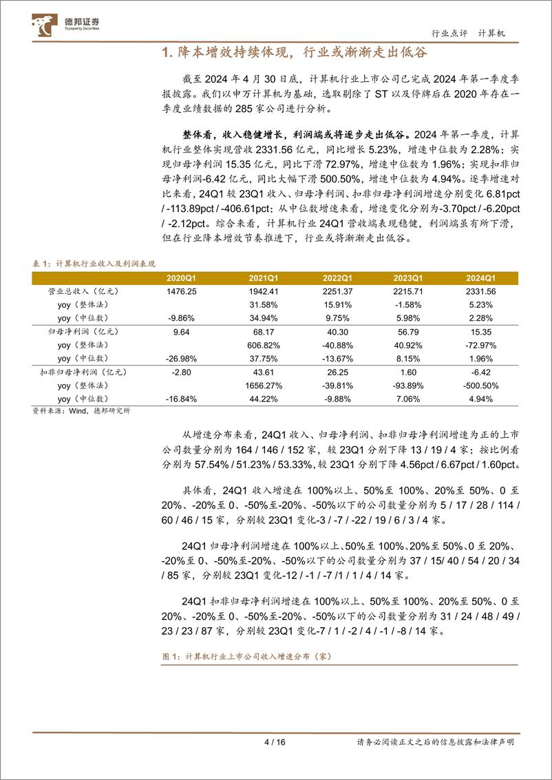 《计算机行业2024Q1总结：大盘股营收较稳健，AI景气兑现度高-240509-德邦证券-16页》 - 第4页预览图