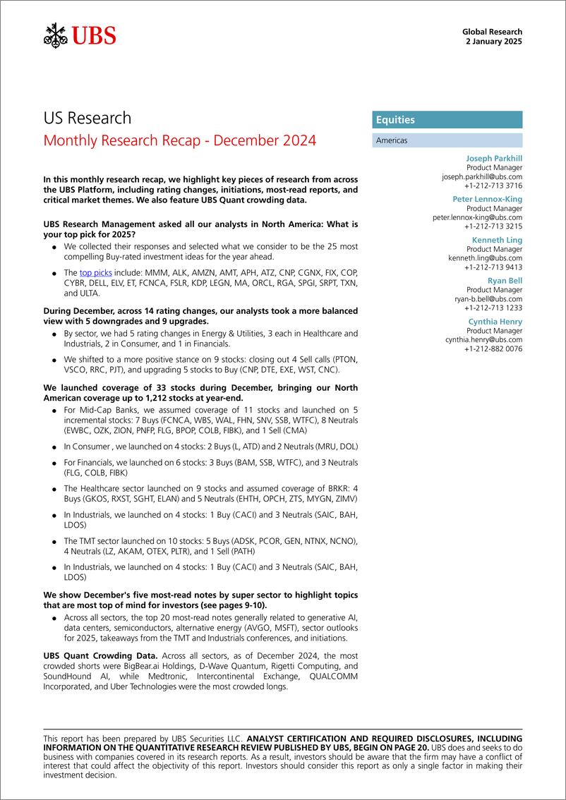 《UBS Equities-US Research _Monthly Research Recap - December 2024_ Parkhil...-112569610》 - 第1页预览图