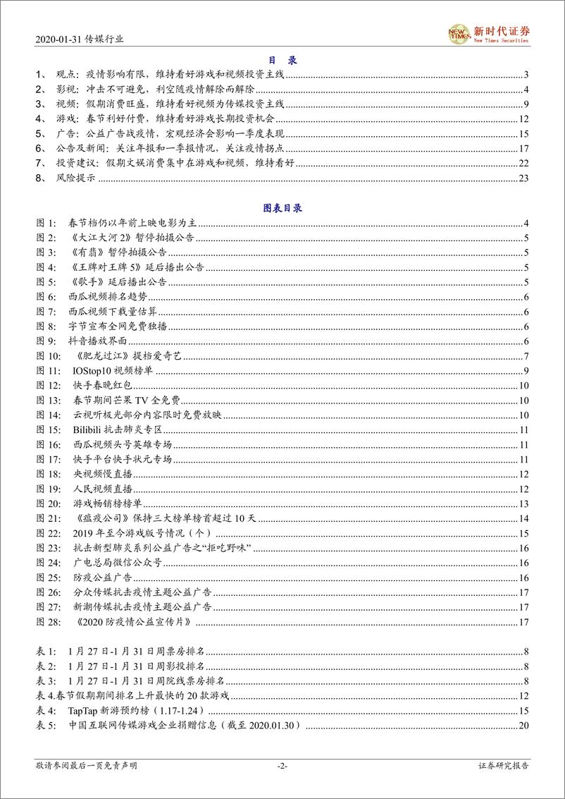 《新时代传媒行业春节假期资讯梳理&后市展望：疫情冲击春节档，维持看好游戏和视频投资主线-20200131-新时代证券-25页》 - 第3页预览图